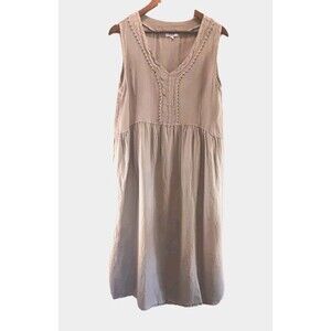 ROSEMARINE Made in Italy 100% Linen Midi Dress Taupe Lace Trim Sleeveless L